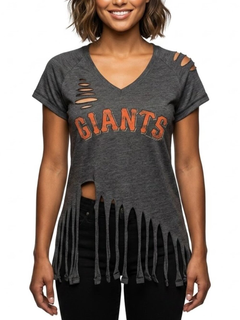 SF Giants Campus Lifestyle Distressed Fringe V-Neck Tee Grey Sporty Grunge Med